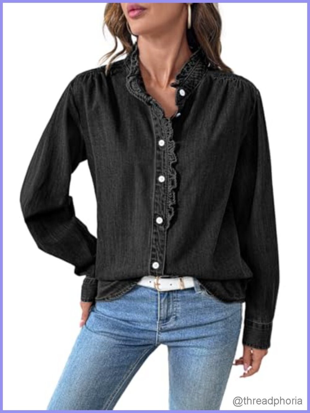 Womens Denim Button Down Shirt V Neck Ruffle Trim Long Sleeve Cotton Chambray
